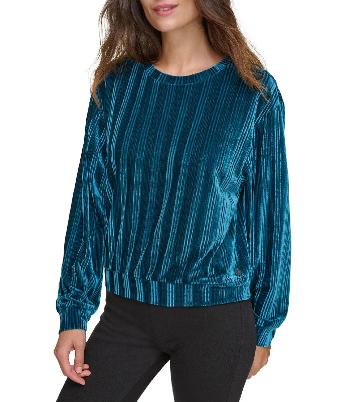 Ribbed Velvet Round Neck Long Sleeve Top