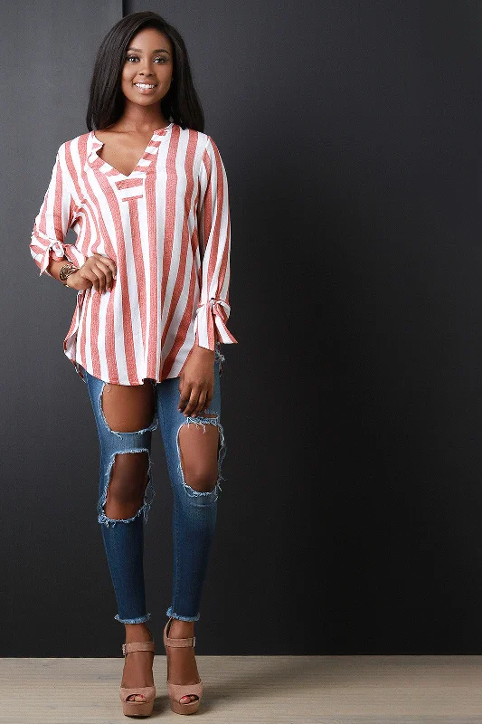 Striped V-Neck Tied Sleeve Top