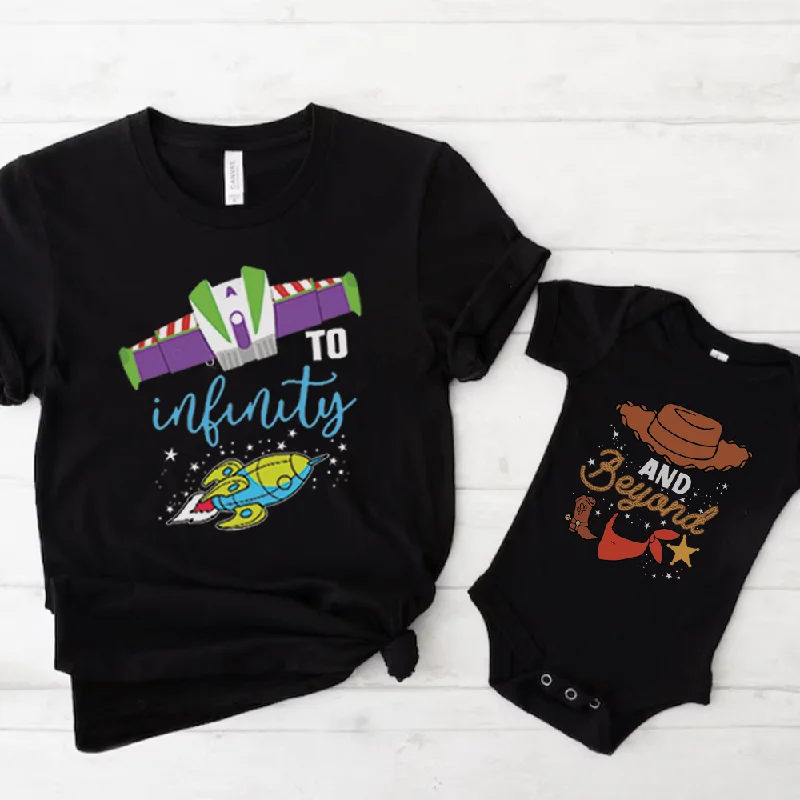 To Infinity & Beyond Matching Black T-shirts & Baby Vest