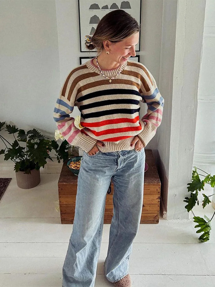 Colorful Striped Round Neck Knitted Pullover Loose Vintage Long Sleeve Sweater