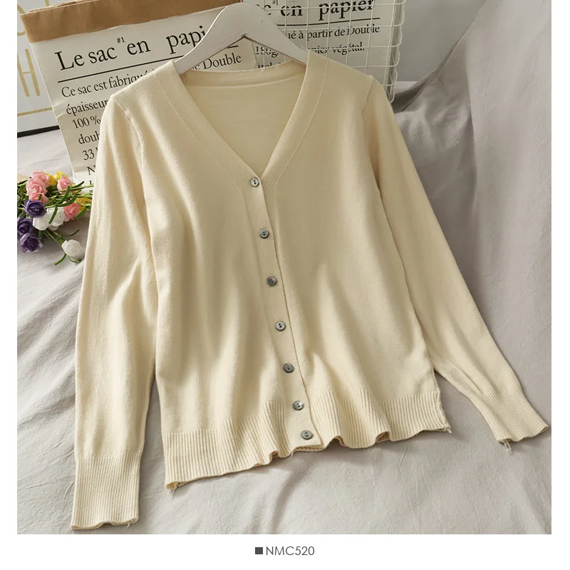 Single breasted V-neck cardigan long sleeve bottomed blouse female  1794