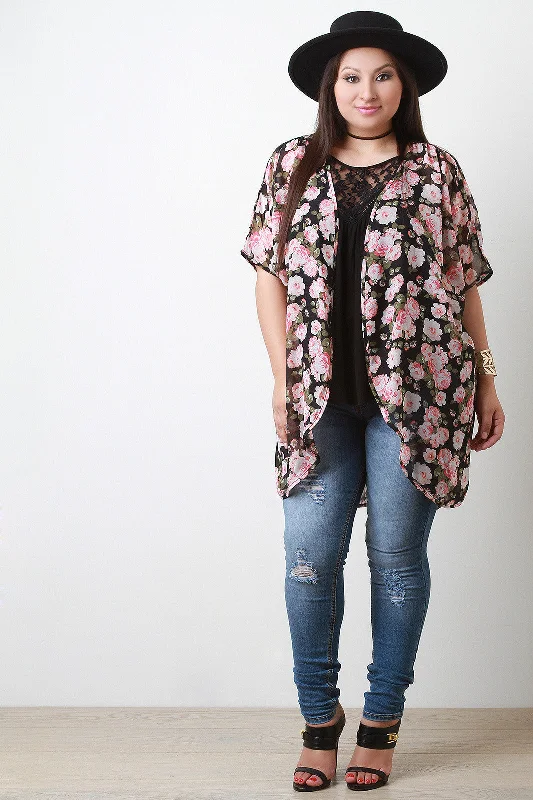 Long Rose Print Chiffon Kimono