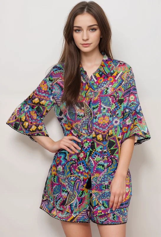 Johnny Was Multi Ruffle Sleeve Tunic R24924 Boho Chic