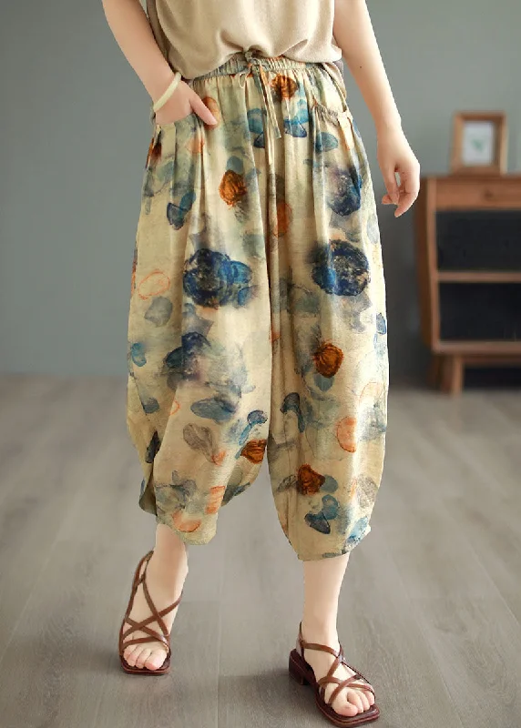 Casual Khaki Elastic Waist Pockets Print Patchwork Cotton Lantern Pants Summer