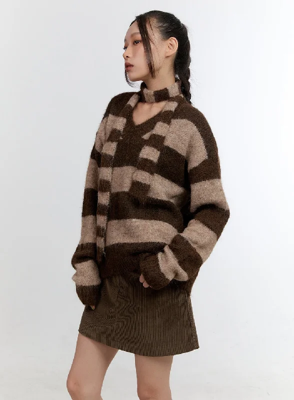 Comfy Striped V-Neck Sweater with Muffler CN401