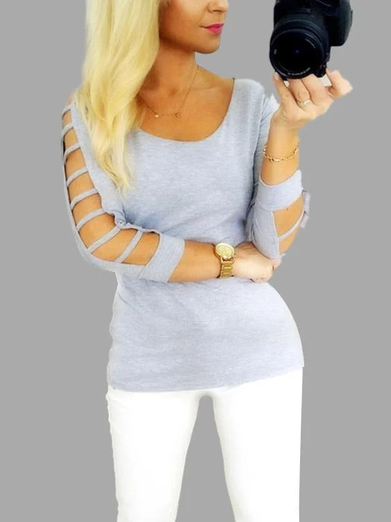 Custom Round Neck Cut Out 3/4 Sleeve Grey T-Shirts