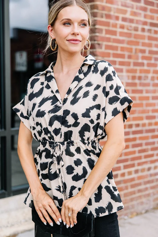 It's All You Taupe White Leopard Blouse