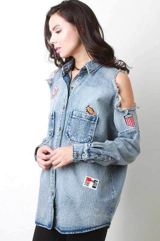 The Royal Cold Shoulder Denim Button Up Top